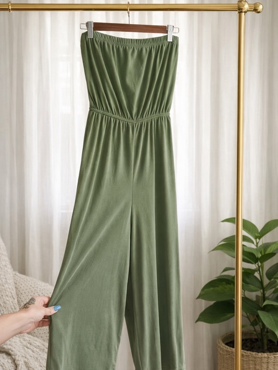 Pants - Women's Olive Green Strapless Wide-Leg Jumpsuit